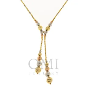 14K GOLD TRI-COLOR 2MM MOON BEAD LARIAT CHAIN