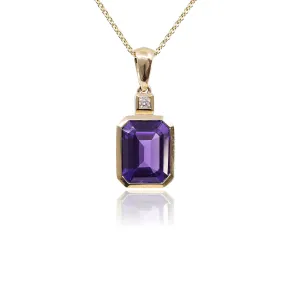 14K YELLOW GOLD EMERALD-CUT AMETHYST PENDANT WITH DIAMOND ACCENT