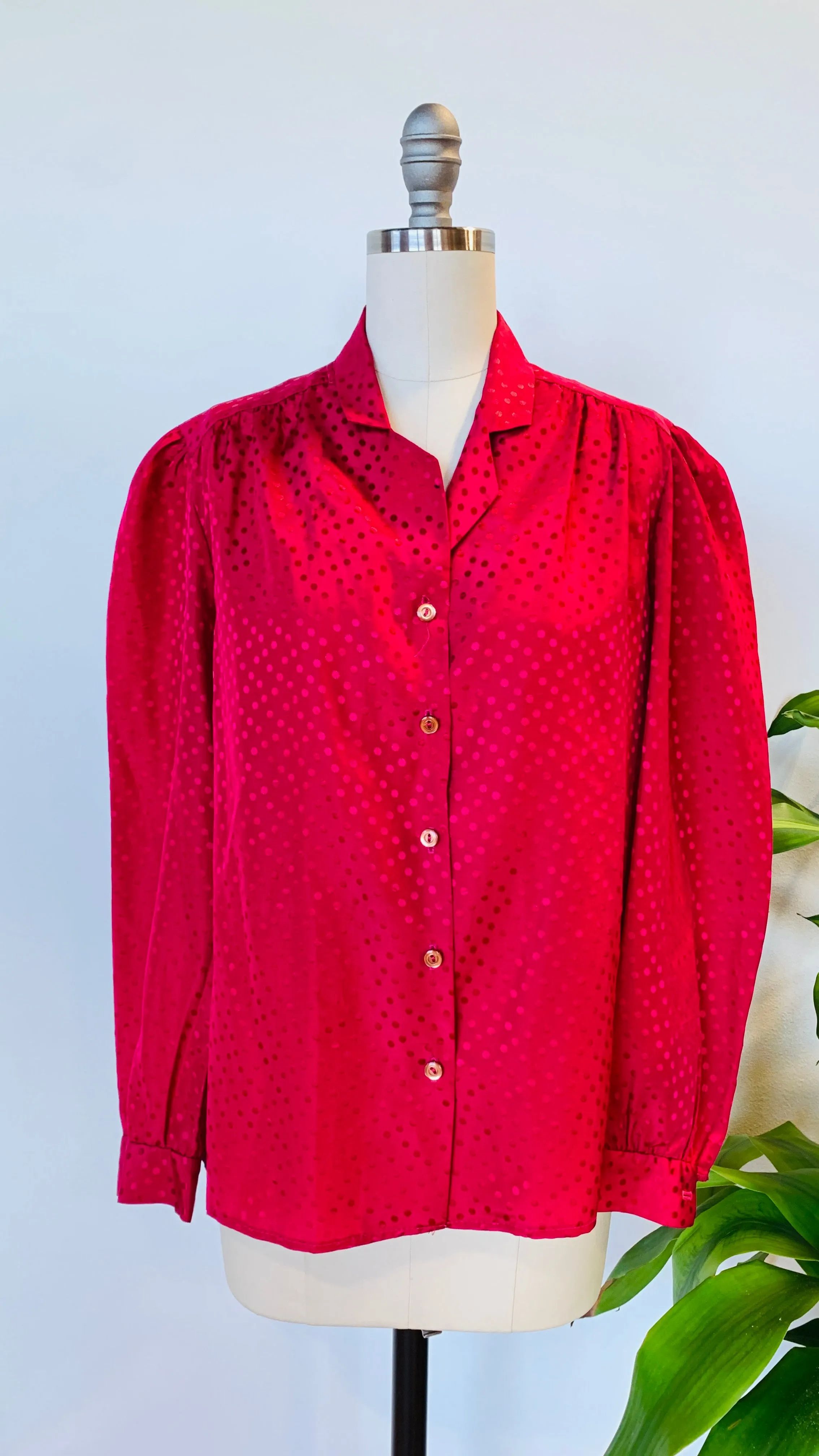 1980s Blair Hot pink polka dot blouse, sz. M