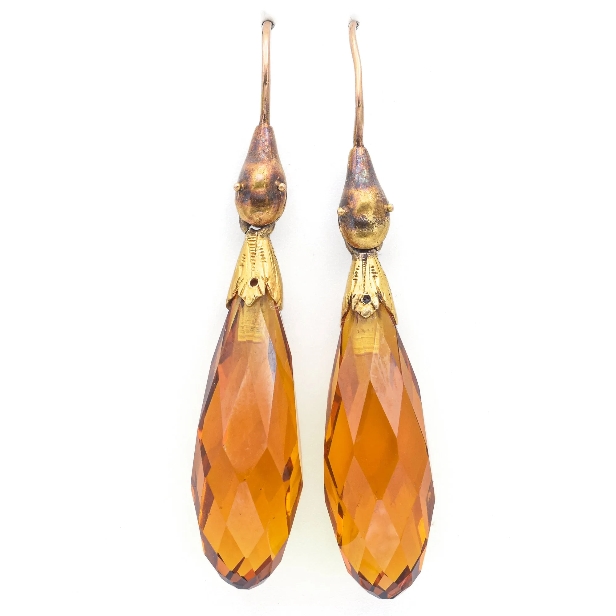 Antique 14K Yellow Gold Yellow Crystal Faceted Pear Dangle Earrings