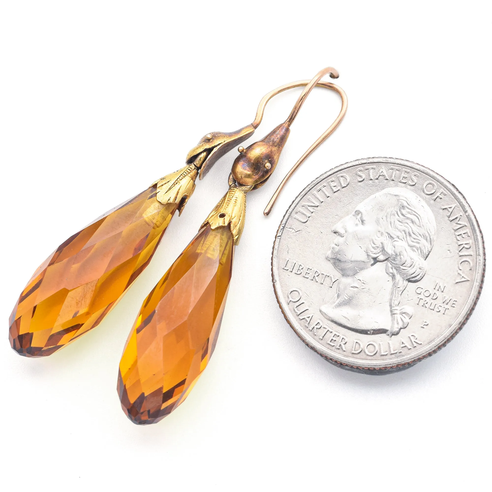 Antique 14K Yellow Gold Yellow Crystal Faceted Pear Dangle Earrings