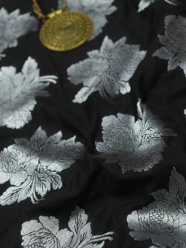 Black Banarasi Silk Silver Zari Floral Design Fabric ( 1 Mtr )