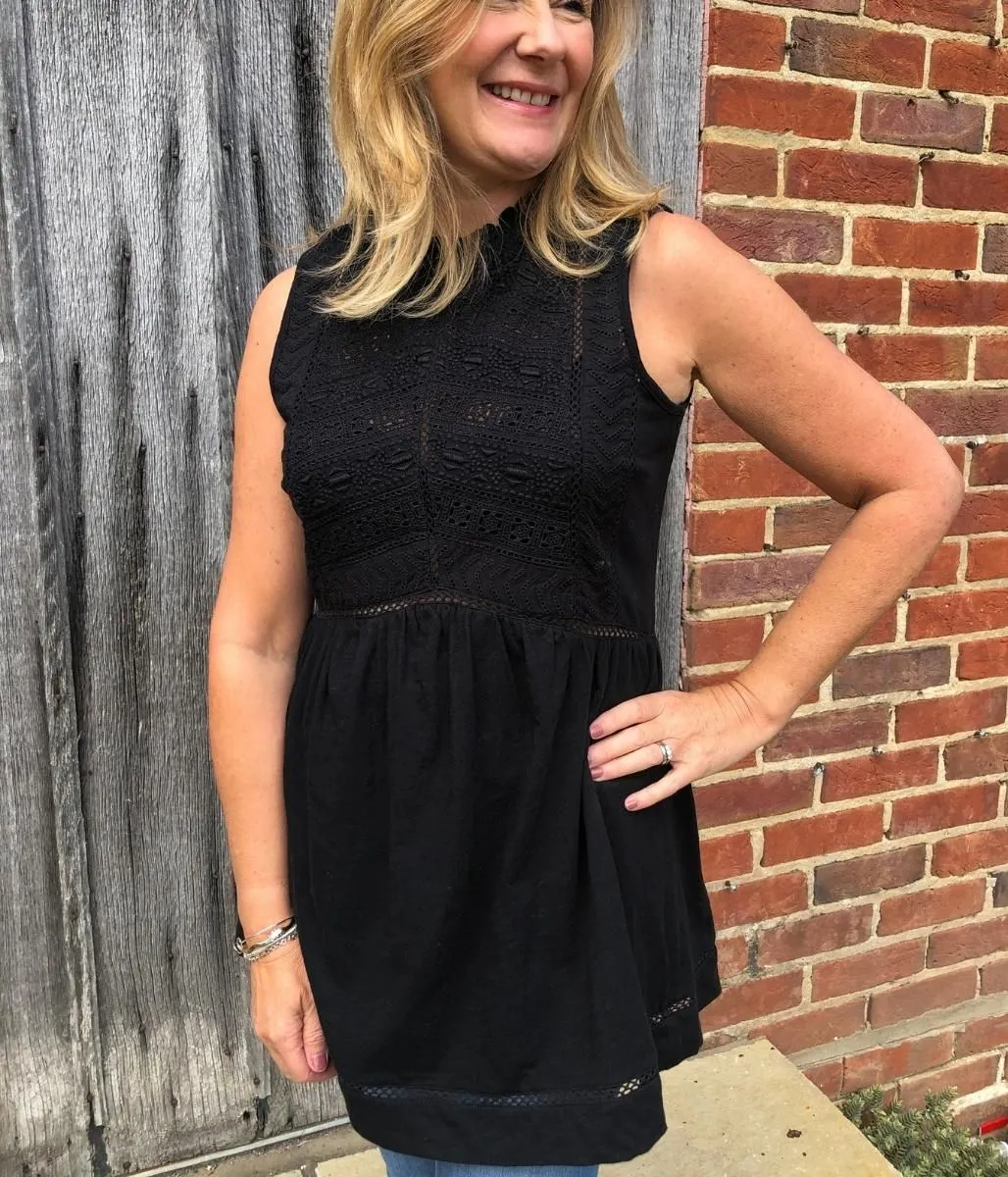 Black Cotton Broderie Tunic Top