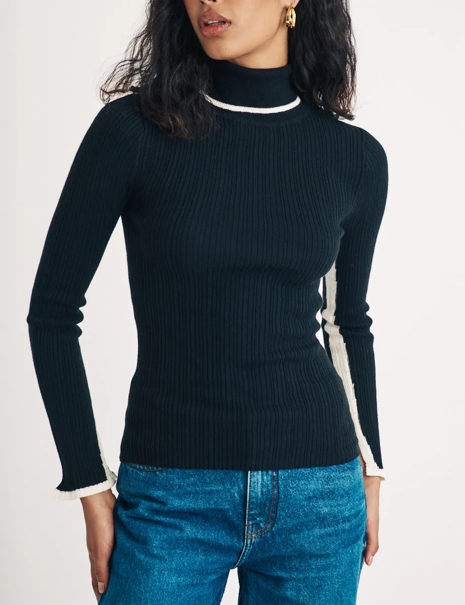 Black Roll Neck Wool Blend Knitted Ribbed Top