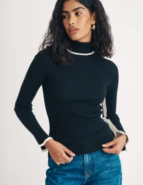 Black Roll Neck Wool Blend Knitted Ribbed Top