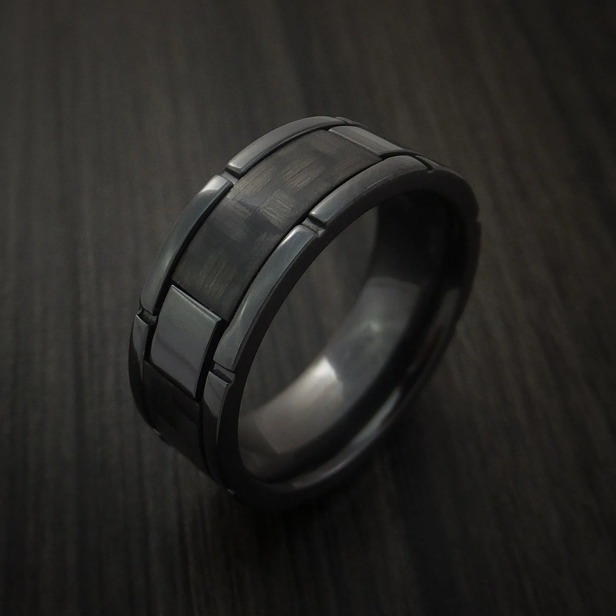 Black Zirconium and Carbon Fiber Weave Pattern Men's Ring Custom Made