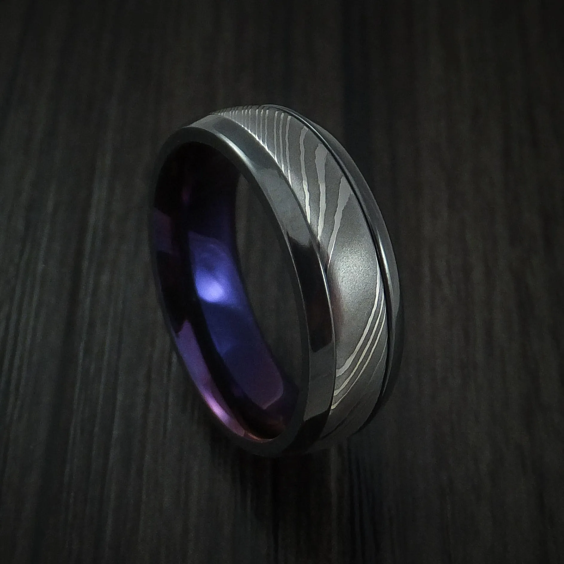 Black Zirconium and Damascus Steel Band with Anodized Interior Custom Made Men's Ring