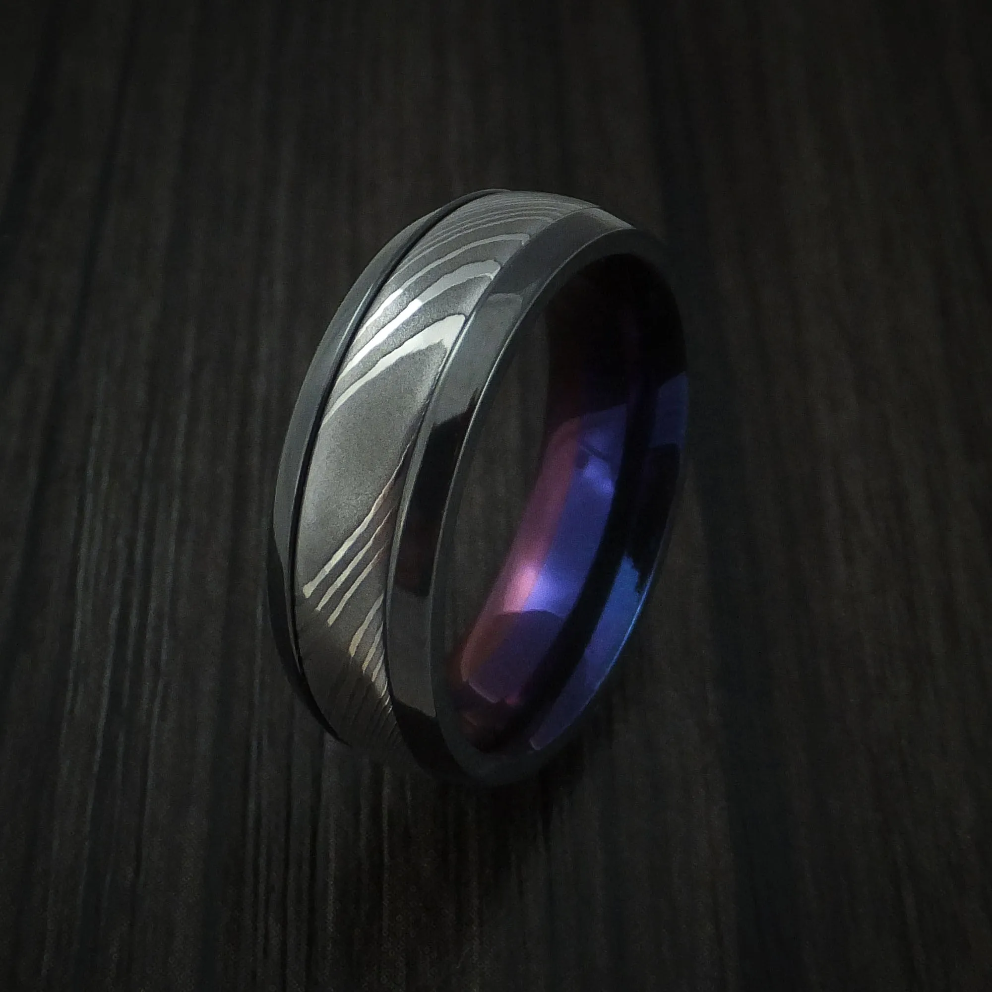 Black Zirconium and Damascus Steel Band with Anodized Interior Custom Made Men's Ring