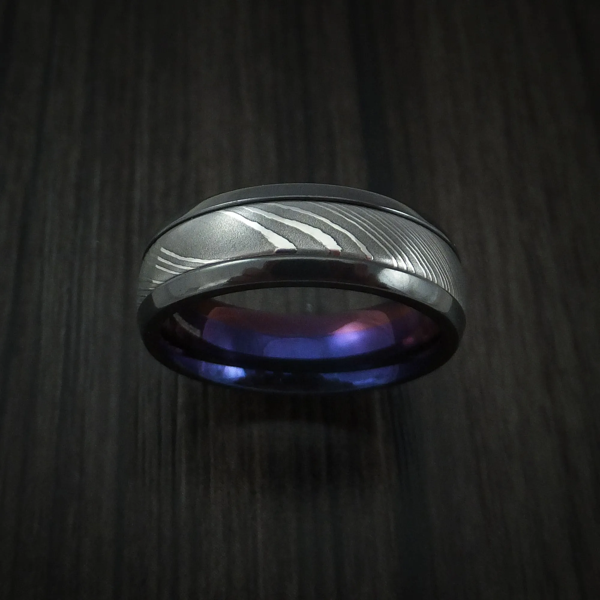 Black Zirconium and Damascus Steel Band with Anodized Interior Custom Made Men's Ring