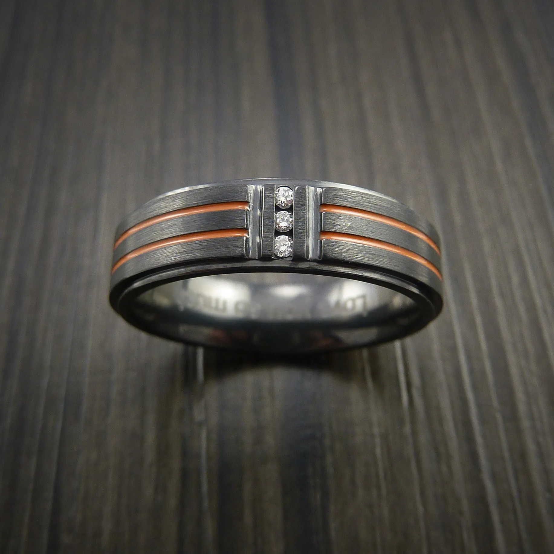 Black Zirconium and Three Diamond Men's Ring with Color Inlay