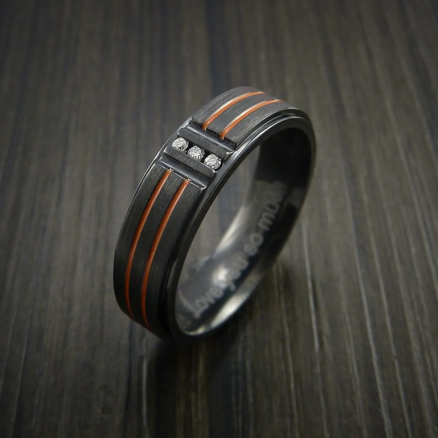 Black Zirconium and Three Diamond Men's Ring with Color Inlay