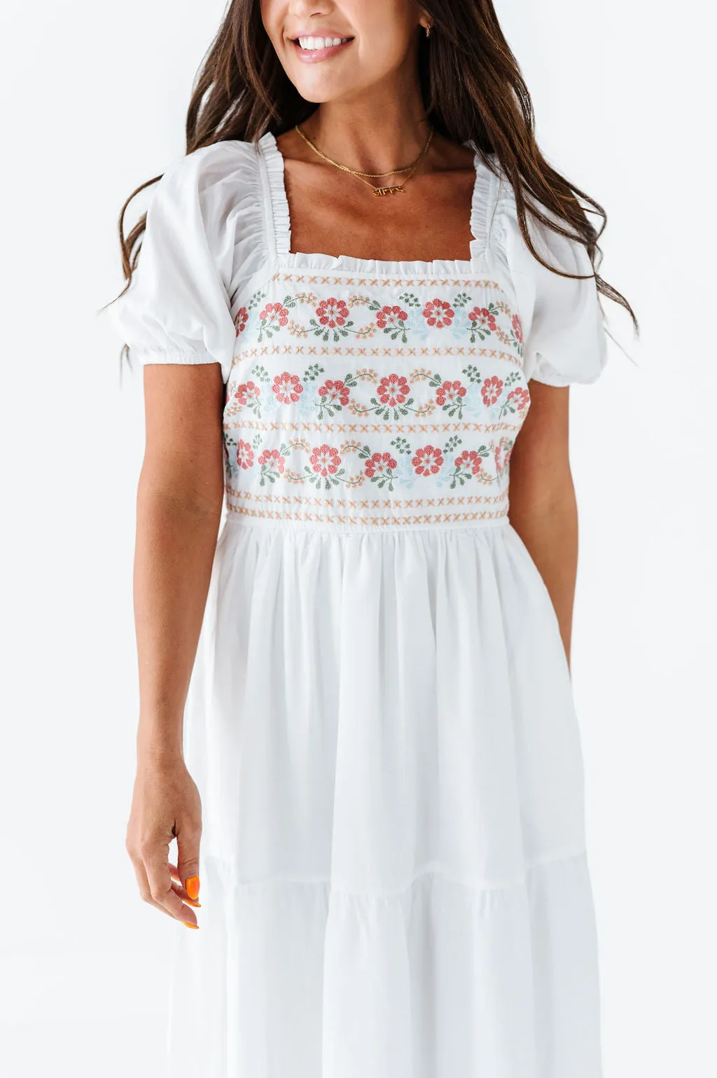 Brooklyn Floral Embroidered Dress In Ivory