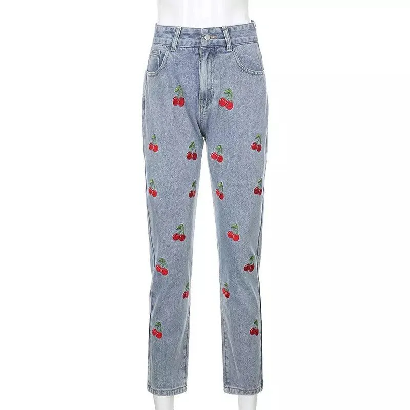 Cherry Embroidered Jeans 🍒✨