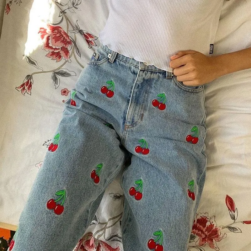 Cherry Embroidered Jeans 🍒✨