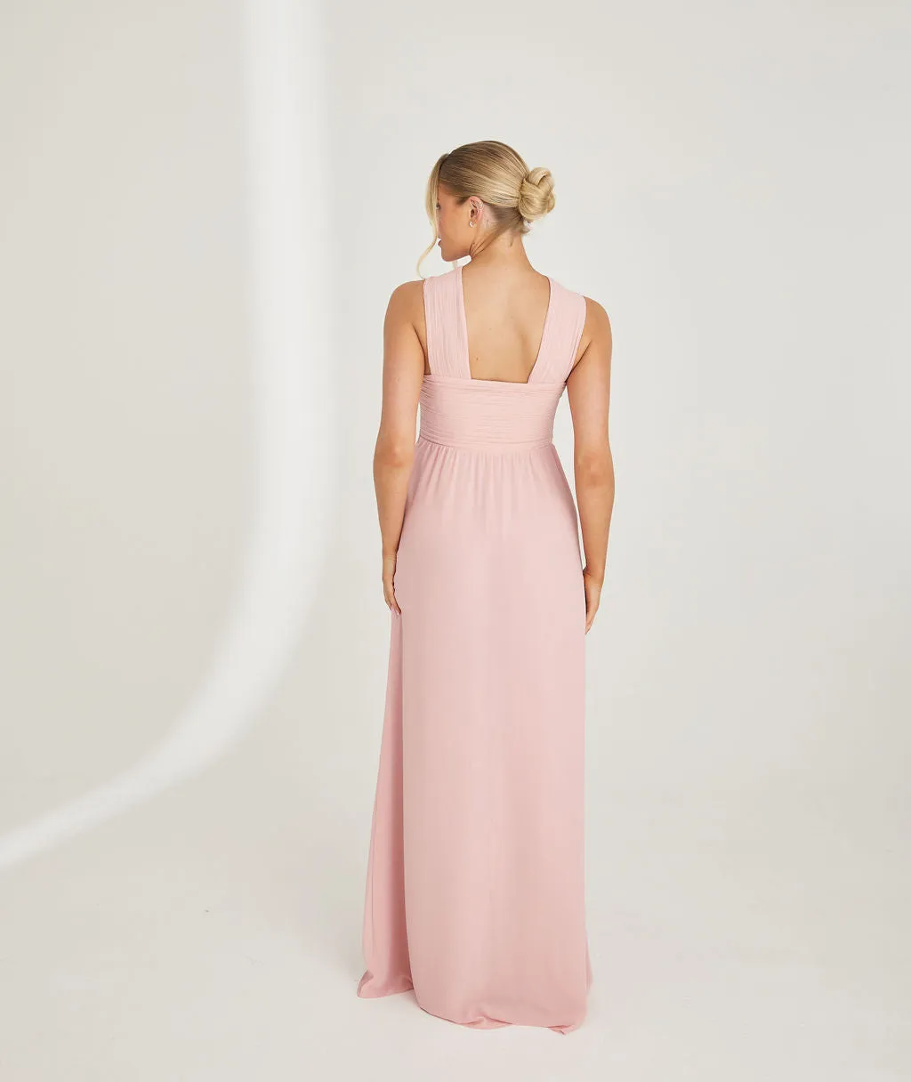 Cross Neck Pleated Waist Chiffon Bridesmaid Dress - Peony Pink