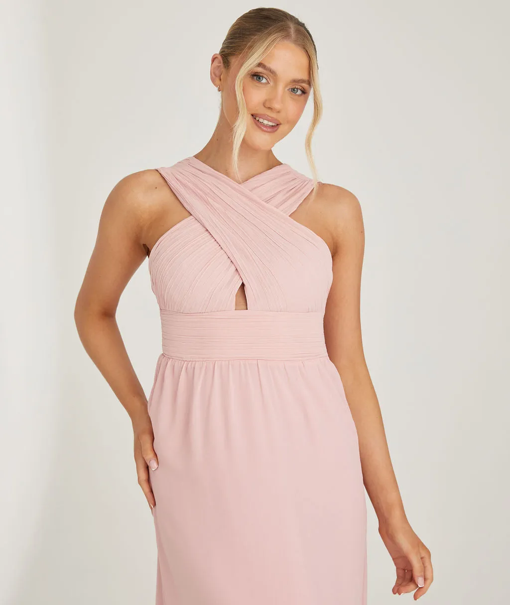 Cross Neck Pleated Waist Chiffon Bridesmaid Dress - Peony Pink