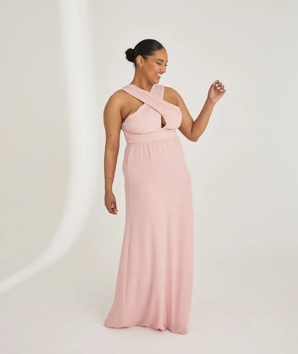 Cross Neck Pleated Waist Chiffon Bridesmaid Dress - Peony Pink