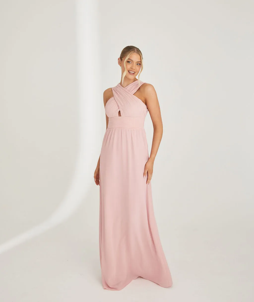 Cross Neck Pleated Waist Chiffon Bridesmaid Dress - Peony Pink