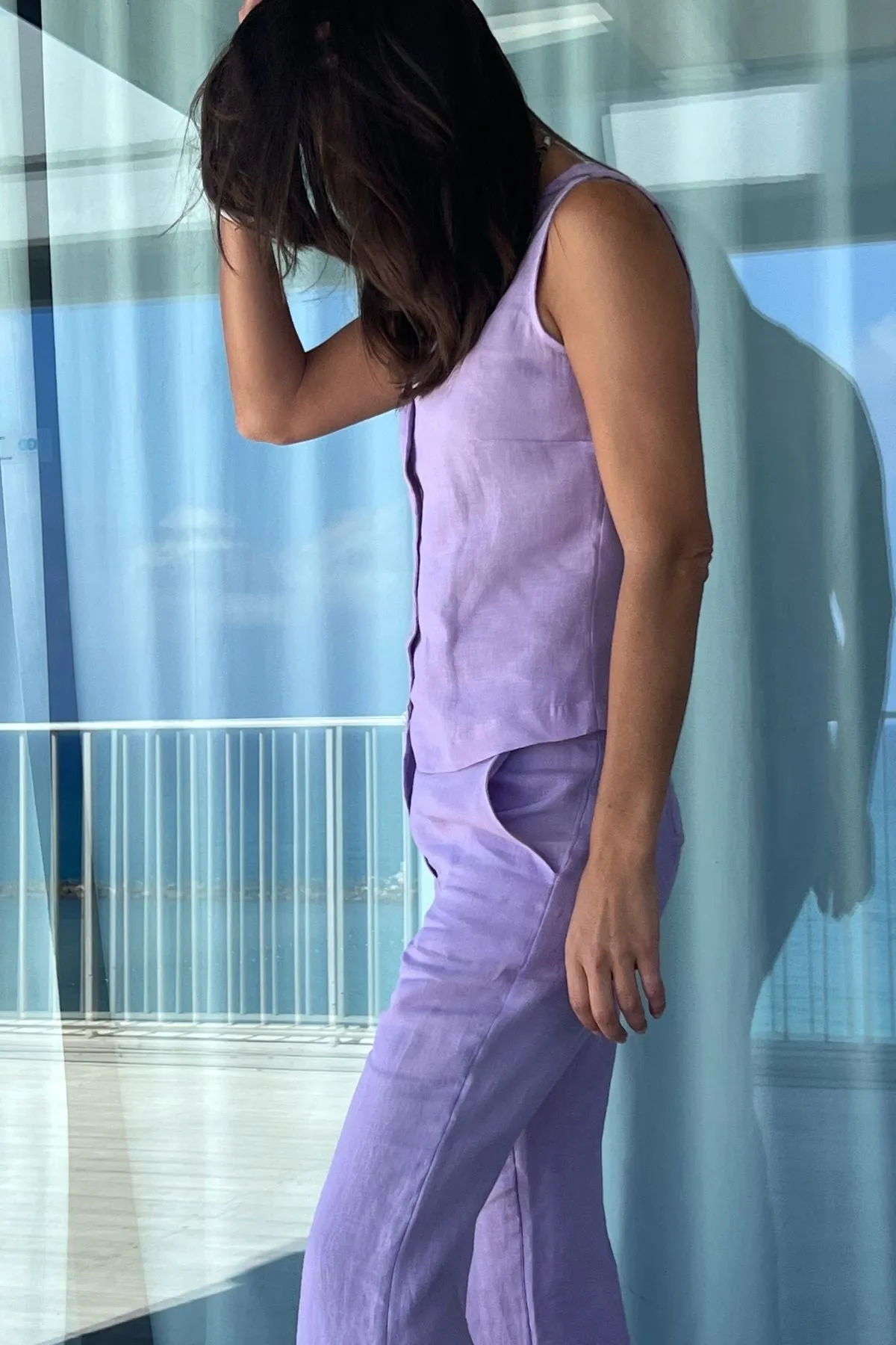 DANA  LAVENDER LINEN PANTS - דנה מכנסי פשתן לונדר