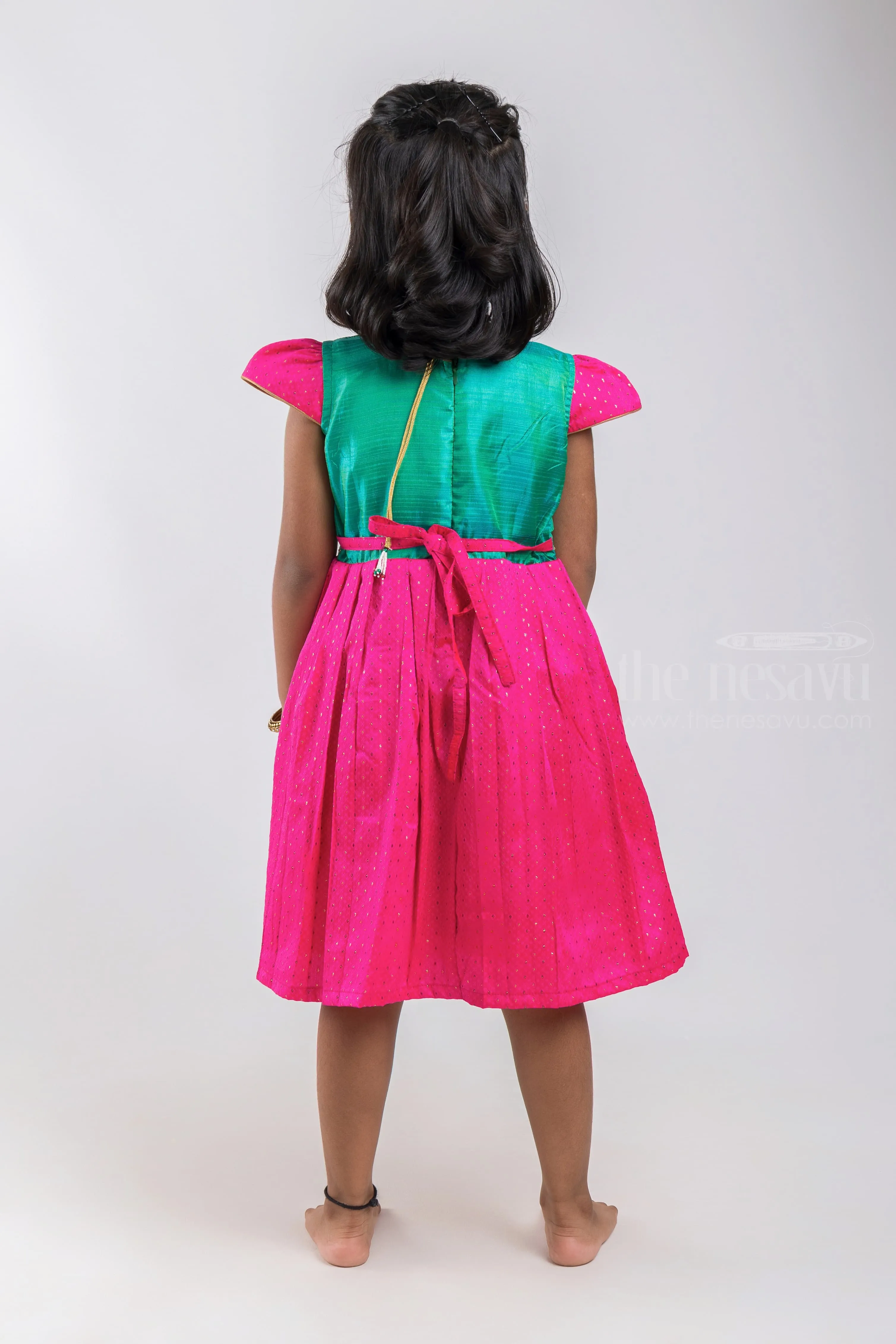 Designer Knife Pleated Pink Silk Frock with Green Yoke for Girls