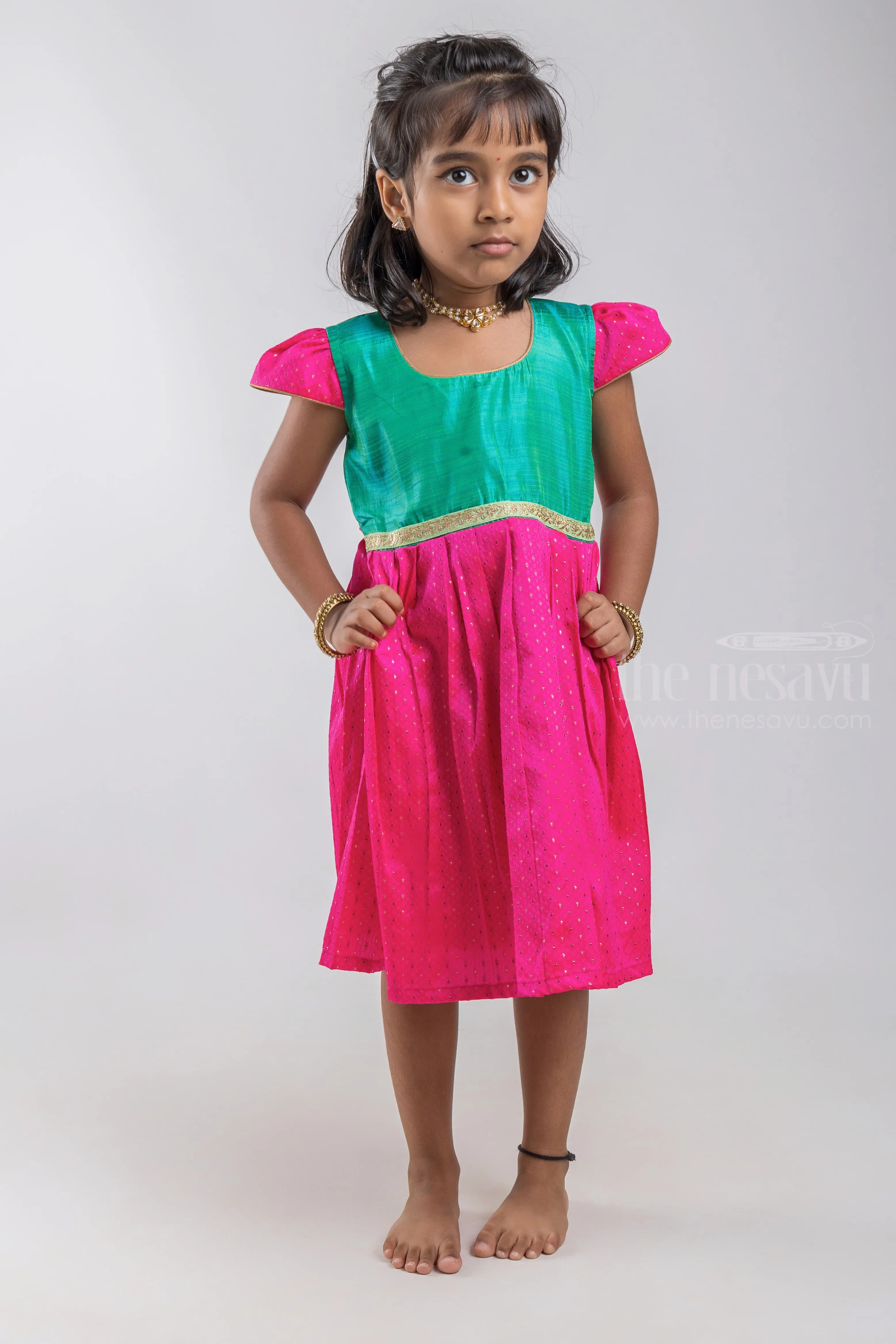 Designer Knife Pleated Pink Silk Frock with Green Yoke for Girls