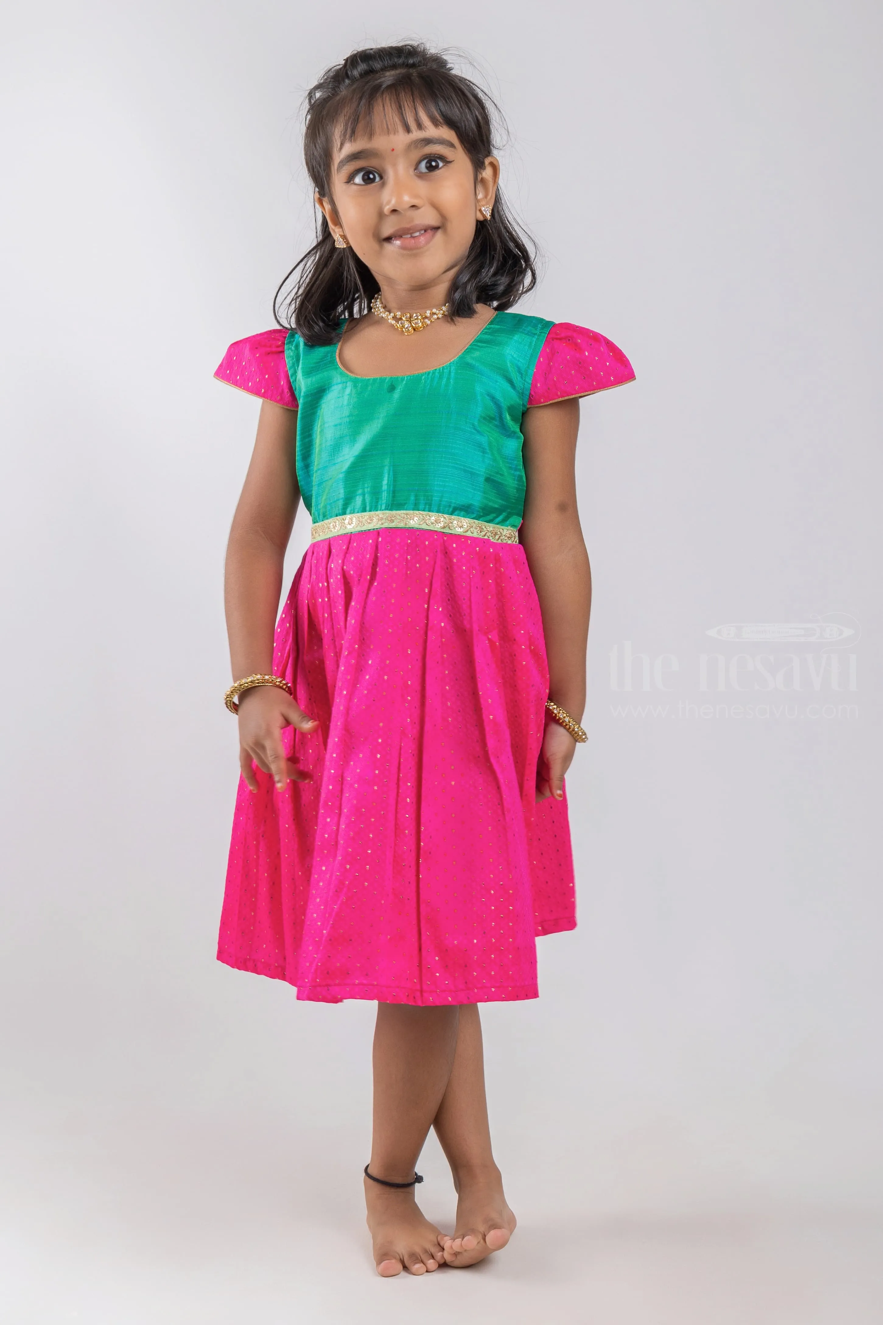 Designer Knife Pleated Pink Silk Frock with Green Yoke for Girls