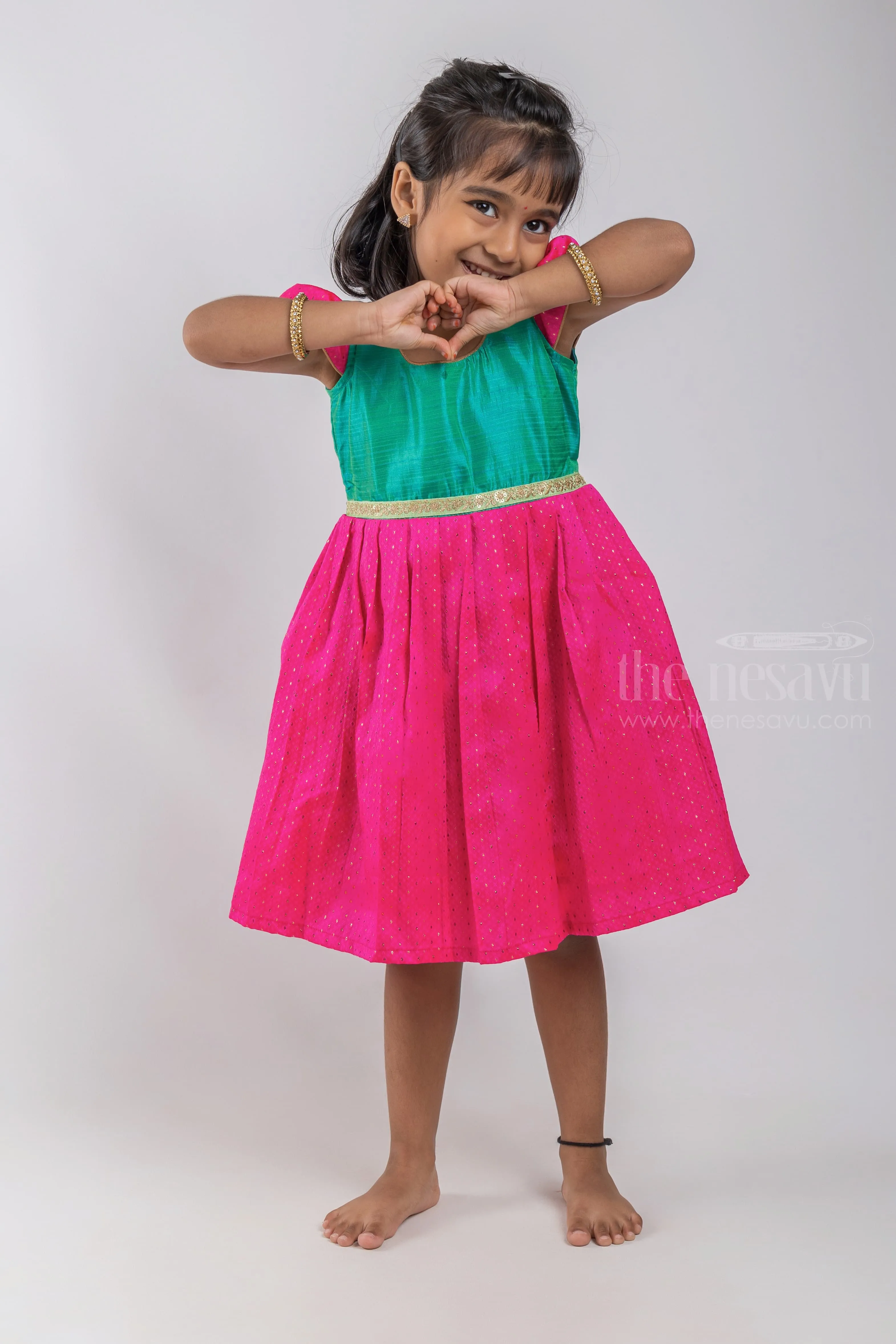 Designer Knife Pleated Pink Silk Frock with Green Yoke for Girls