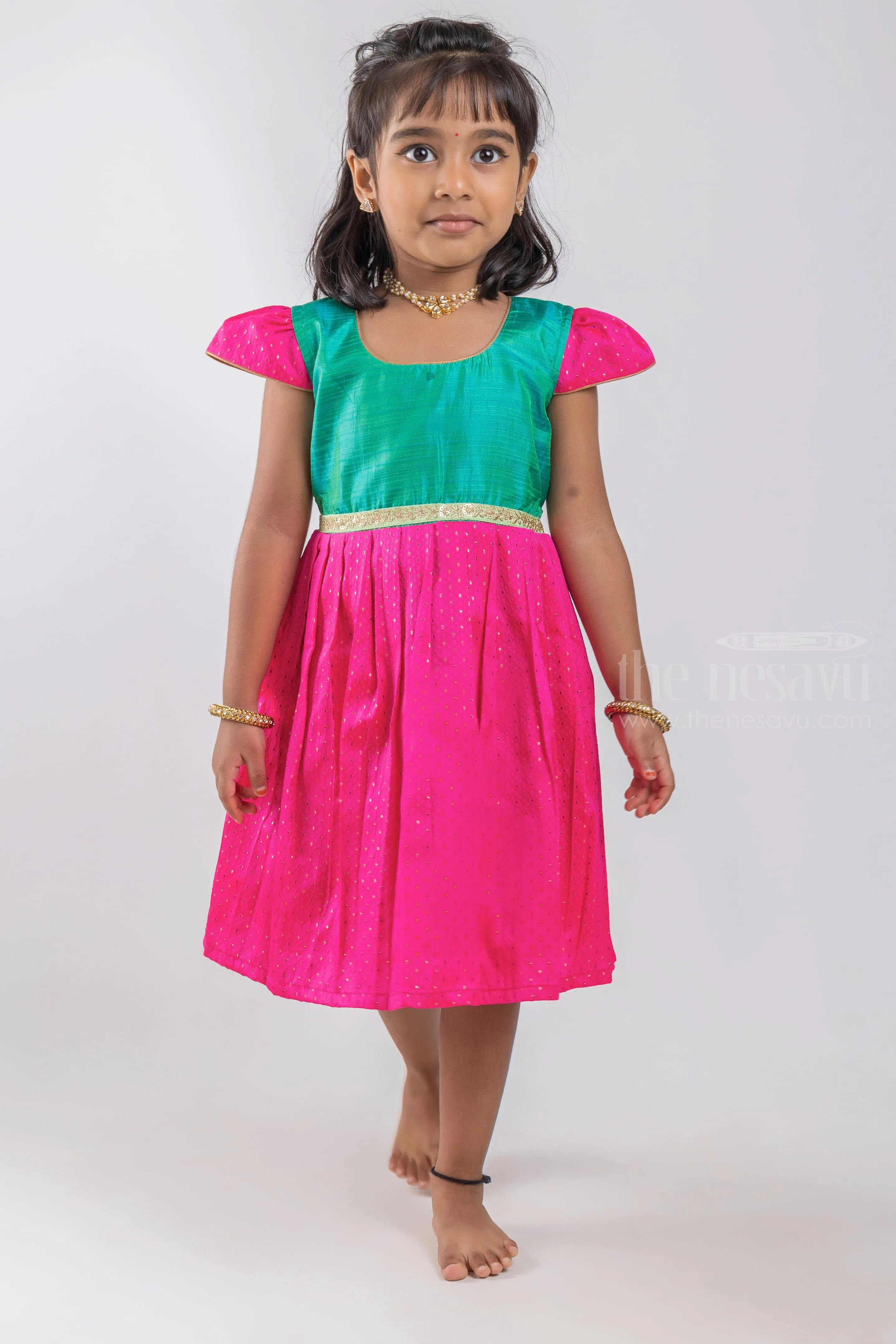 Designer Knife Pleated Pink Silk Frock with Green Yoke for Girls