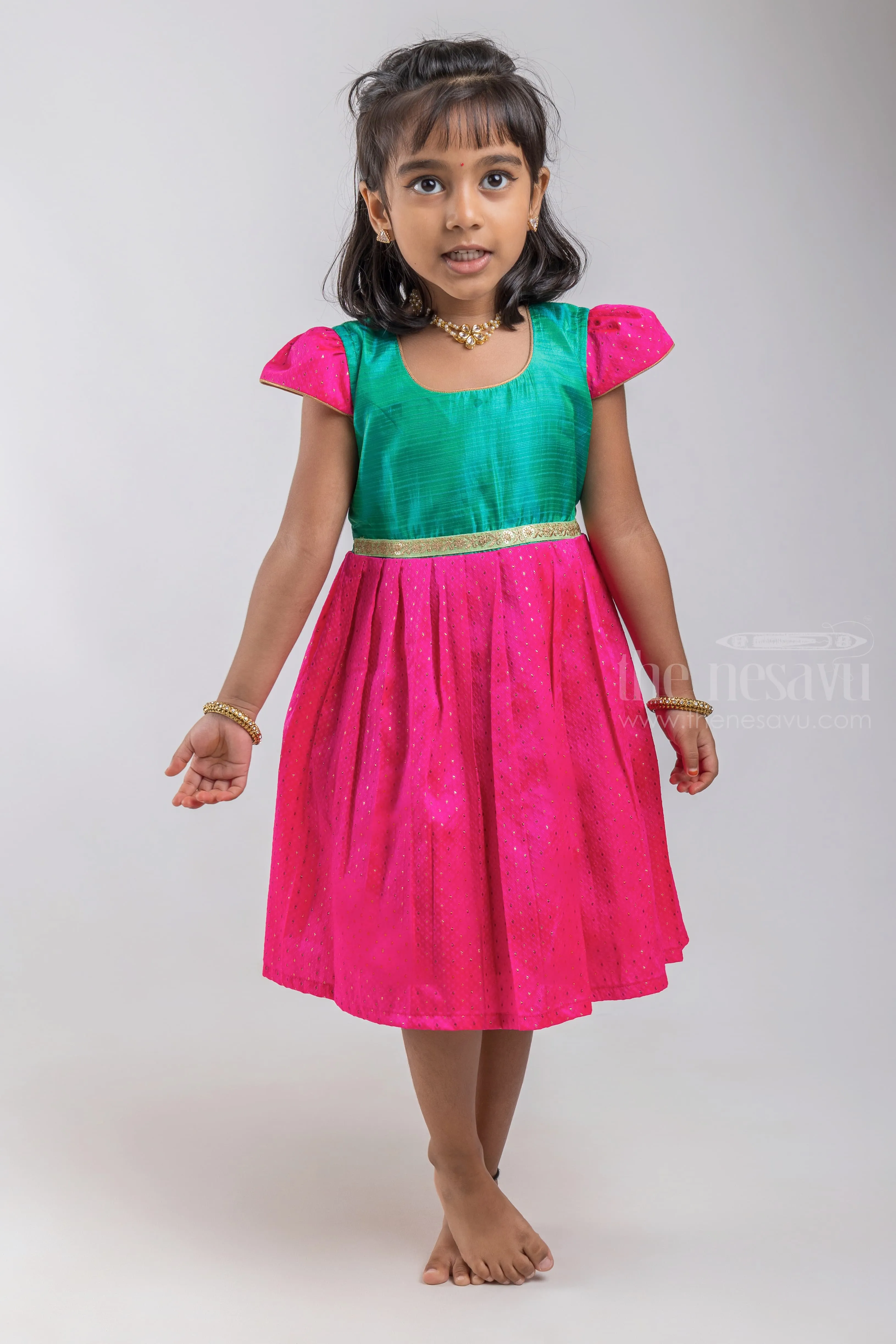 Designer Knife Pleated Pink Silk Frock with Green Yoke for Girls