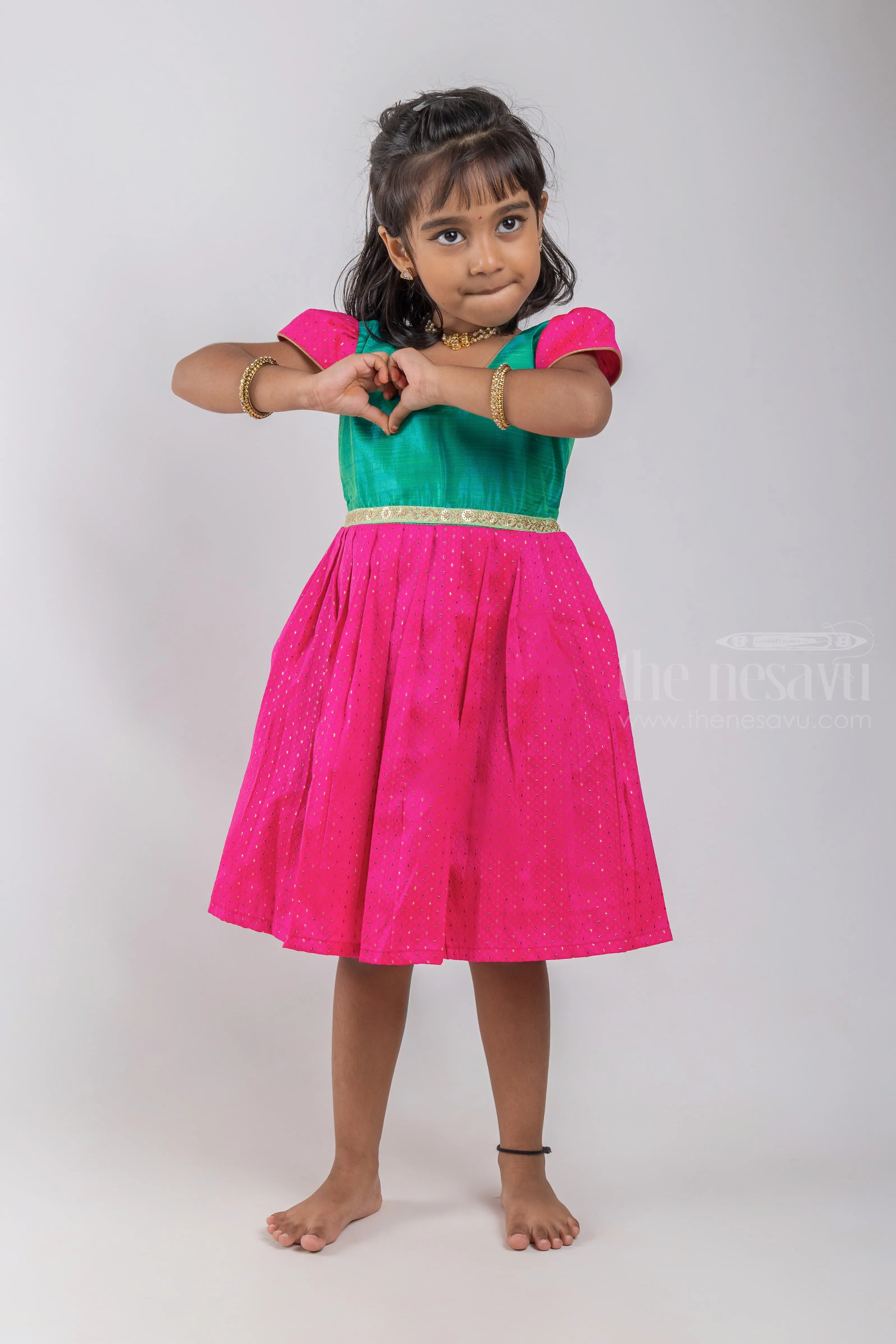 Designer Knife Pleated Pink Silk Frock with Green Yoke for Girls