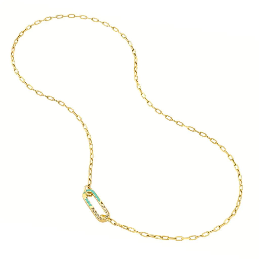 Diamond   Enamel Push Lock Pendant - Teal & Yellow Gold