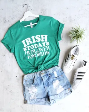 Distracted - Irish Today Hung Over Tomorrow Saint Patrick's Day Unisex Cotton T-Shirt in Kelly Green/White