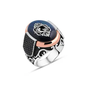 Eye Figure on Blue Ellipse Synthetic Amber Stone Silver Men's Ring Siding Zircons in Epaulet Shape