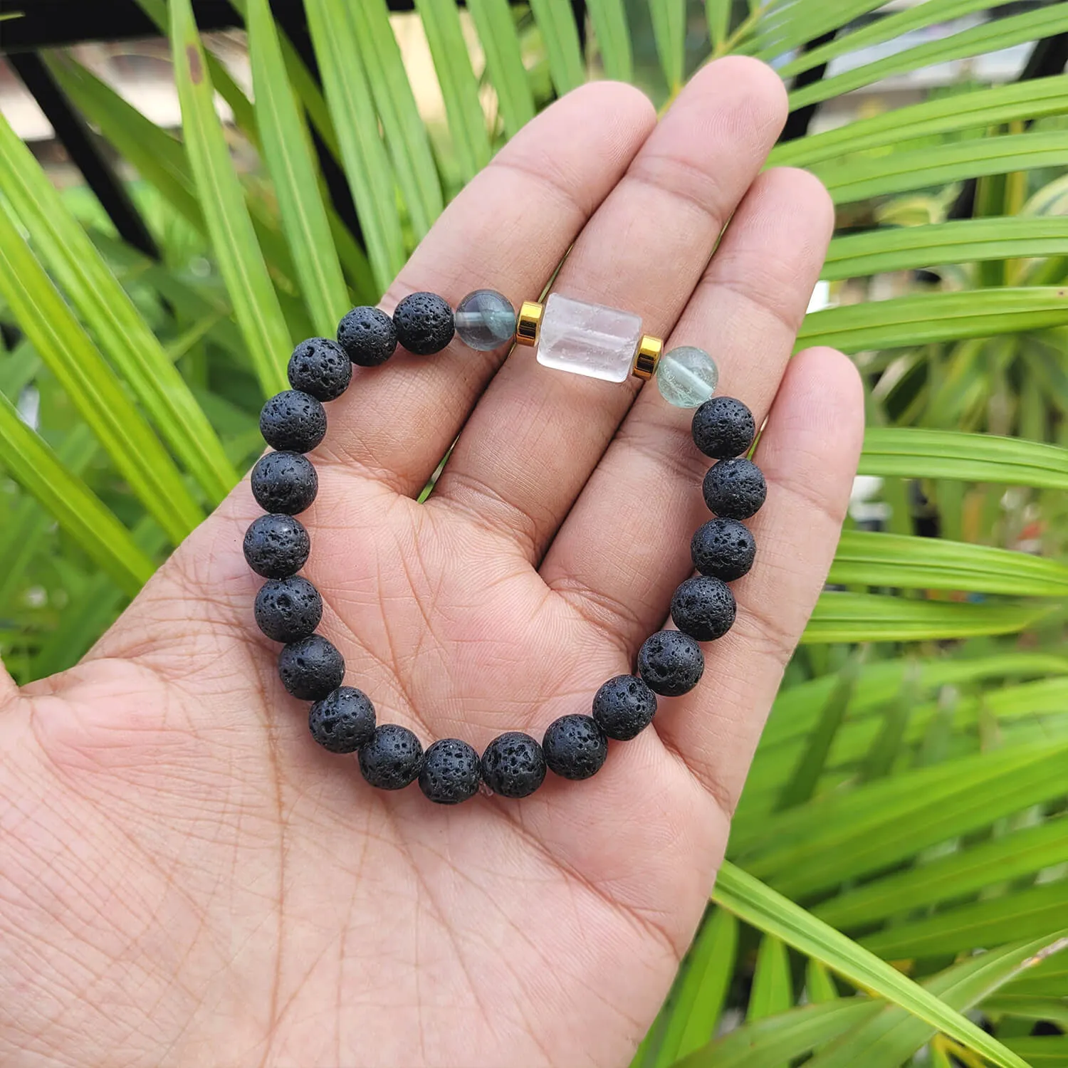 Fluorite Matte Tumble Bracelet With Lava Stone And Golden Hematite