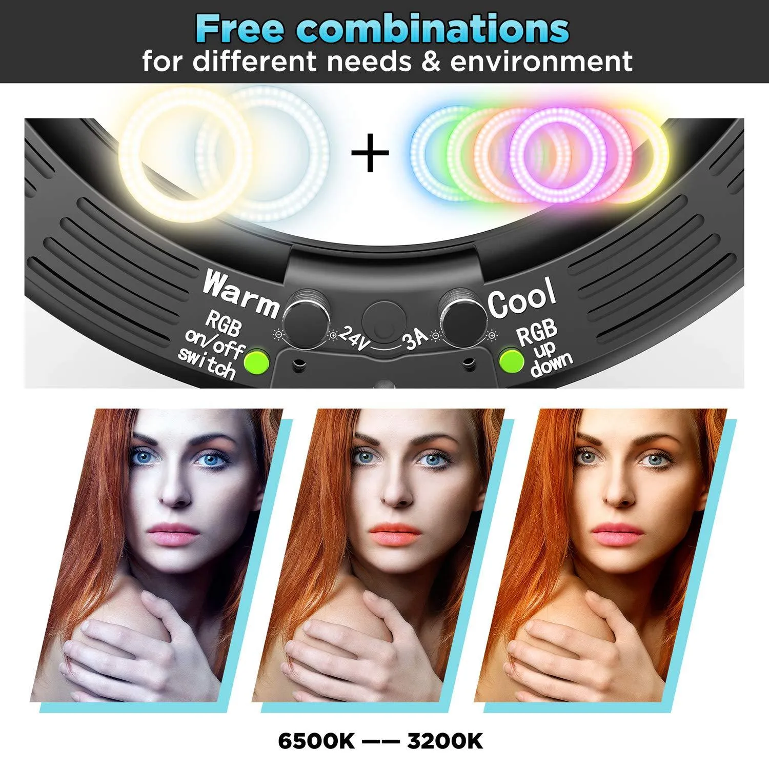 Gimars Newest 2 in 1 Easy Operation 14" Dimmable 3200/5500K/RGB LED Ring Light with Lighting Tripod