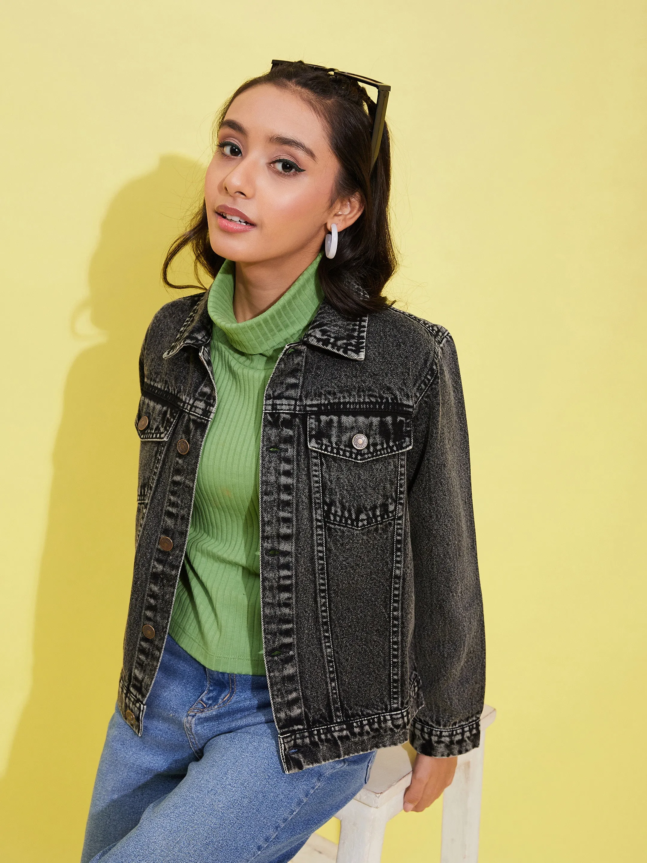 Girls Black Acid Wash Denim Jacket