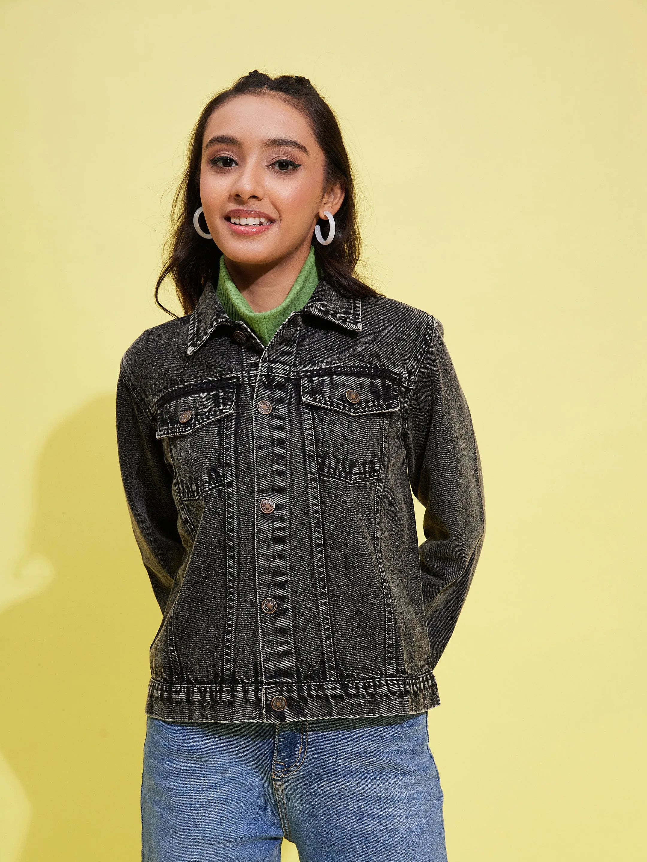 Girls Black Acid Wash Denim Jacket