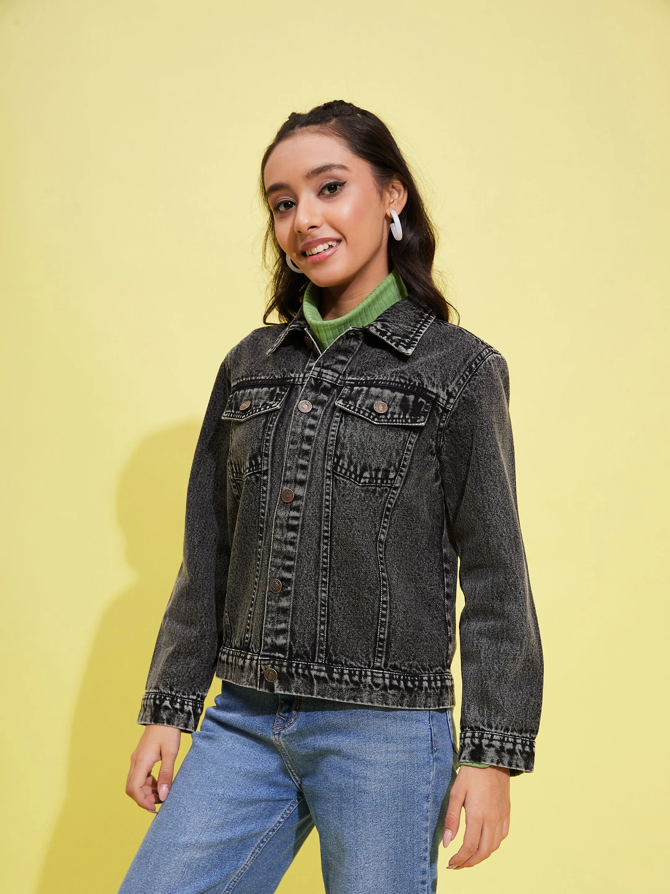 Girls Black Acid Wash Denim Jacket