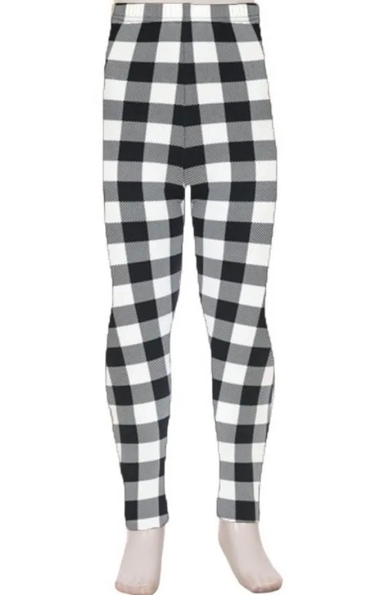 Girls Plaid Leggings, Kids Yoga Pants, Sizes S/L, No-Roll Waist, Black/White