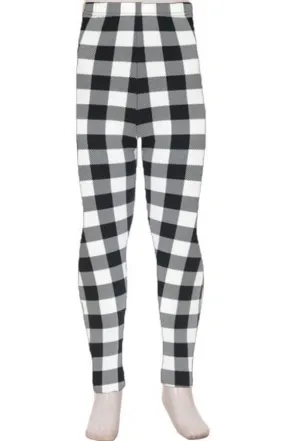 Girls Plaid Leggings, Kids Yoga Pants, Sizes S/L, No-Roll Waist, Black/White