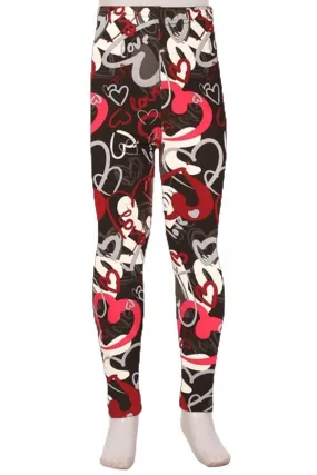 Girls Valentines Day Leggings, Kids Yoga Pants, Sizes S/L, No-Roll Waist, Black/Red