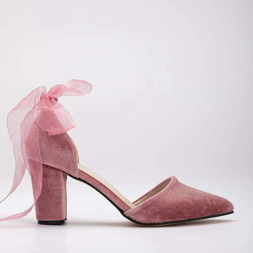 Gisele Vegan Velvet Ribbon Heels | Rose