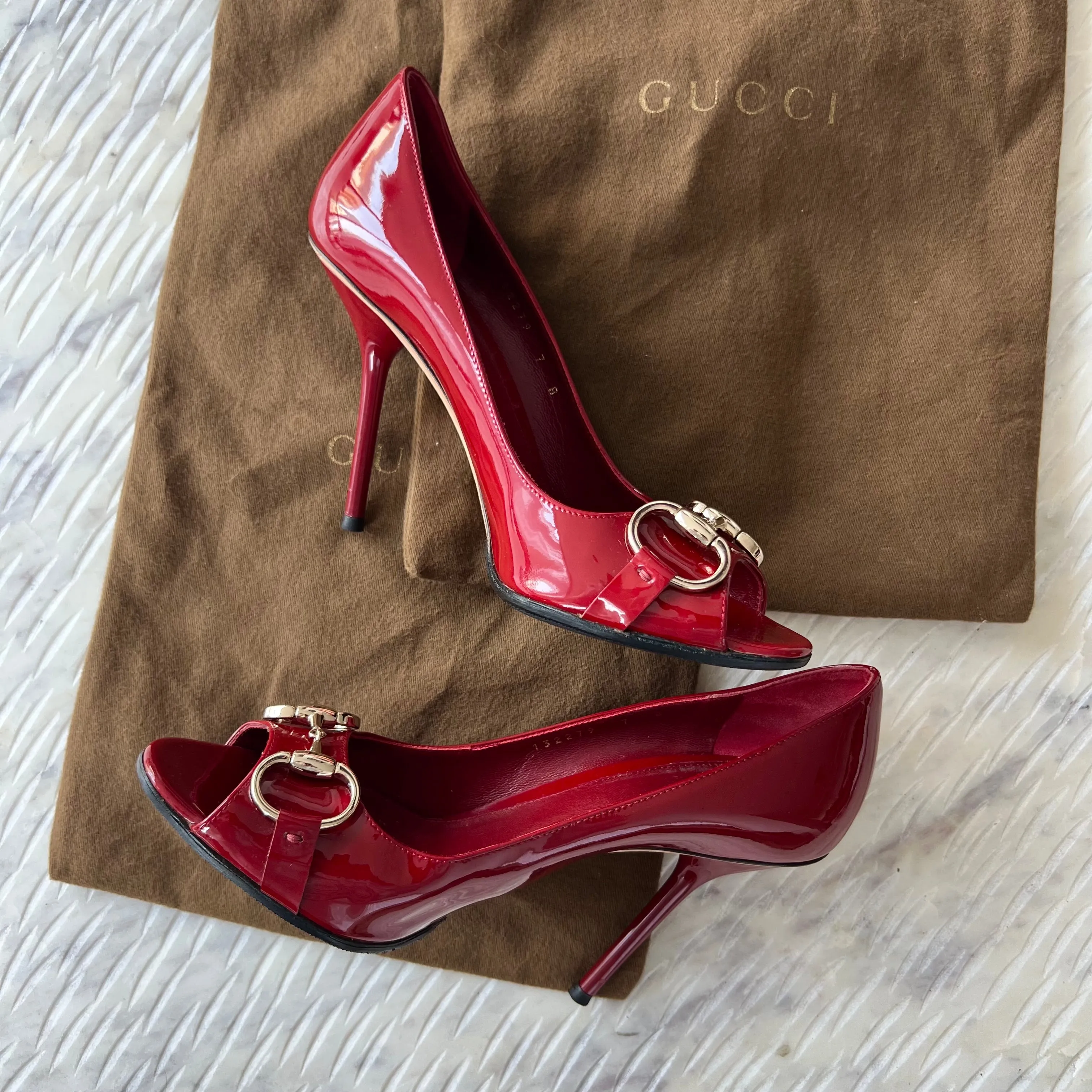 GUCCI Red Horsebit Potent Peep Toe Pumps