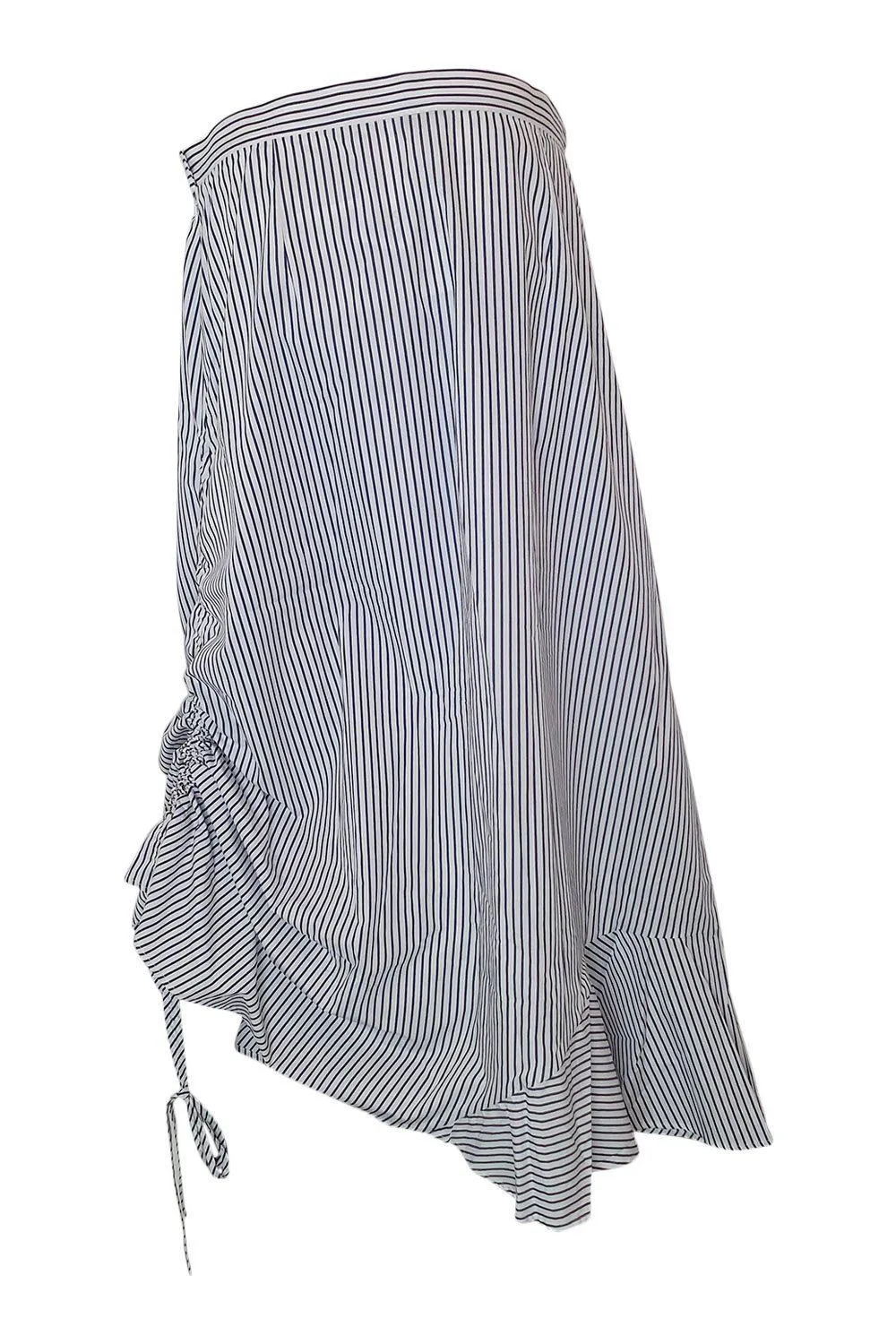 IRIS & INK Blue White Striped Cotton Asymmetric Midi Skirt (UK 14)