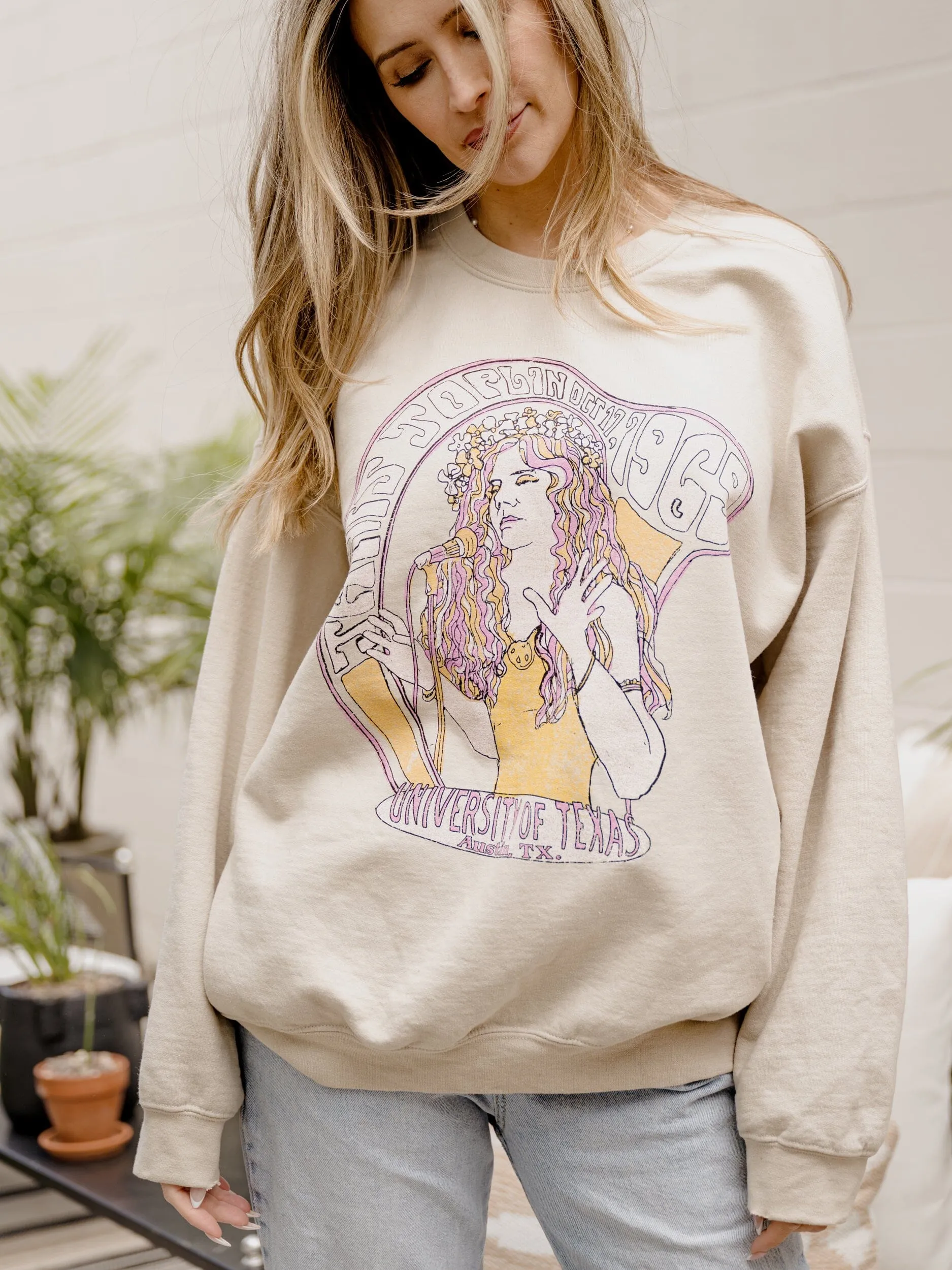 Janis Joplin University of Texas Concert Sand Thrifted Sweatshirt