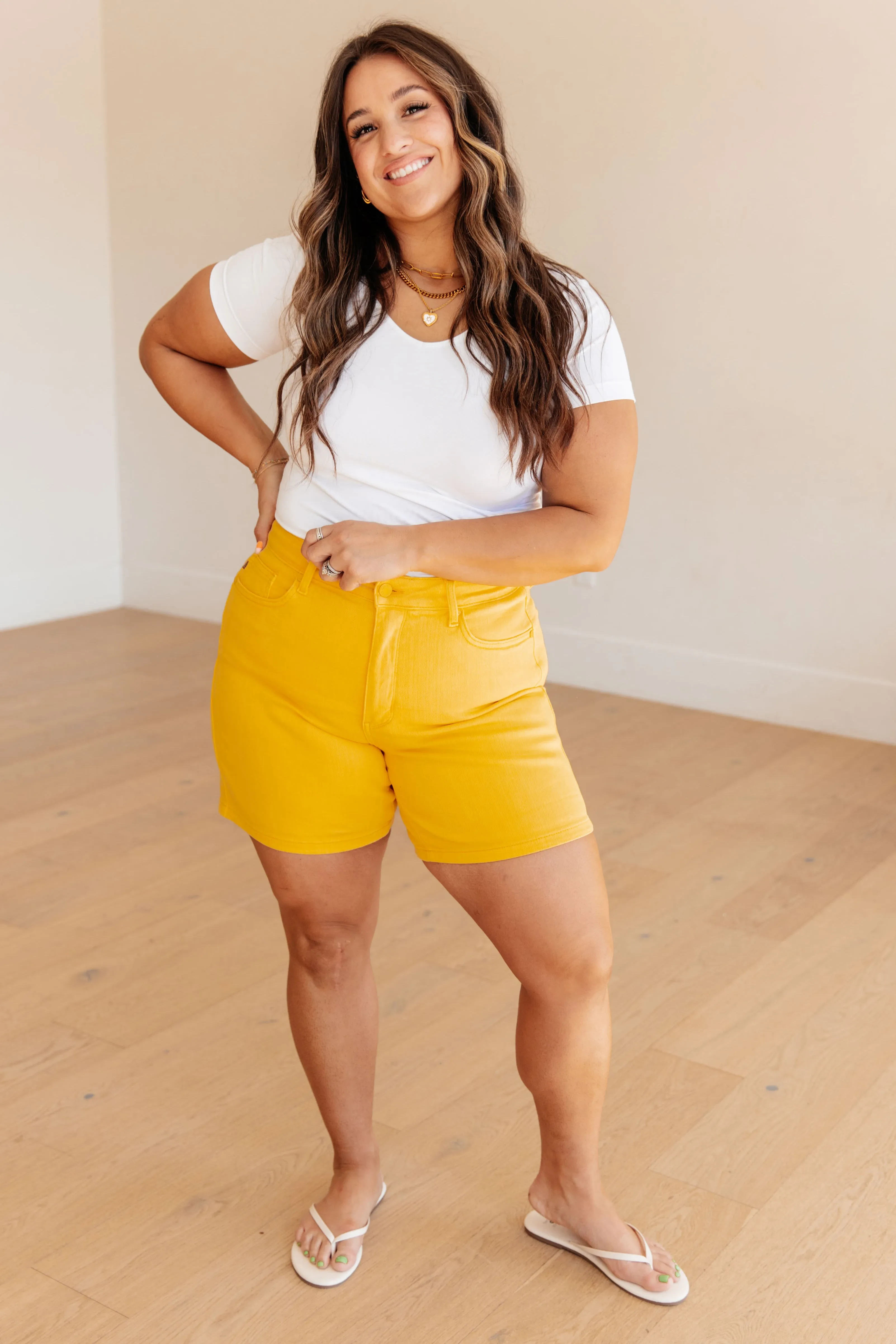 Jenna High Rise Control Top Cuffed Shorts by Judy Blue in Yellow