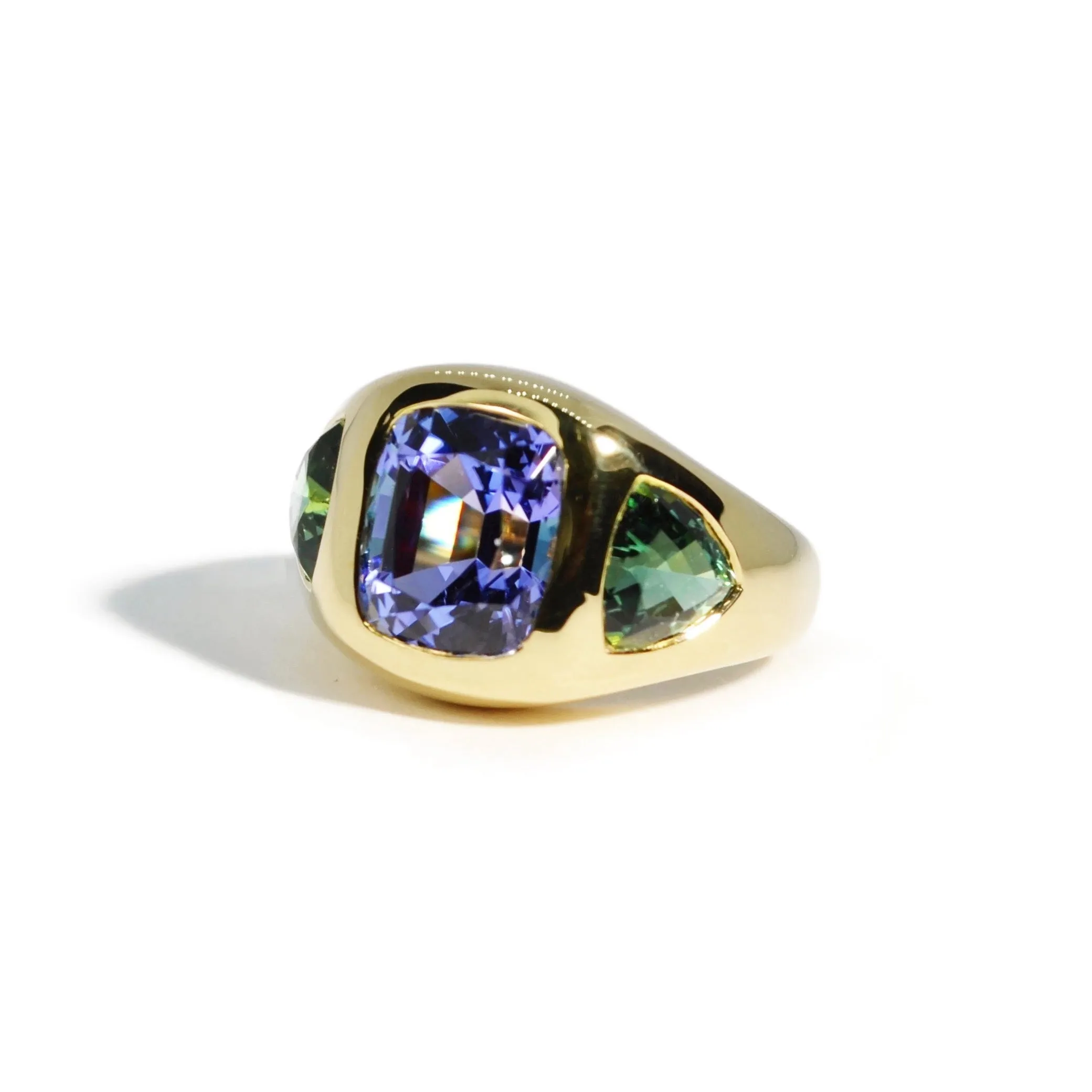 Lauren K - Gypsy Ring with Tanzanite and Green Tourmaline, 18k Yellow Gold