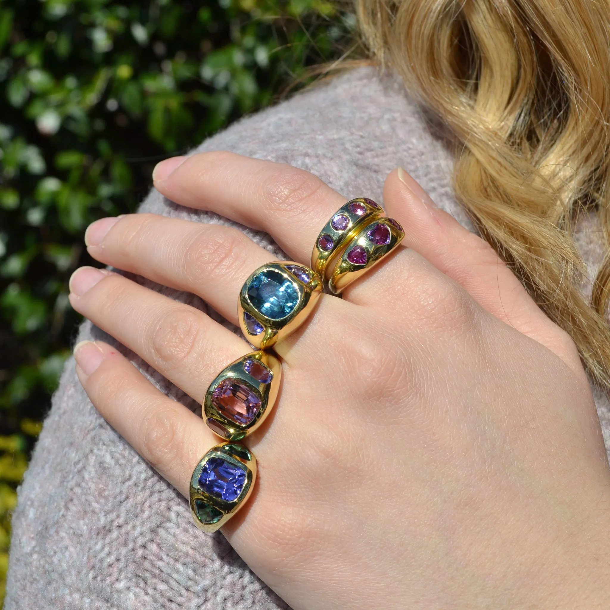 Lauren K - Gypsy Ring with Tanzanite and Green Tourmaline, 18k Yellow Gold