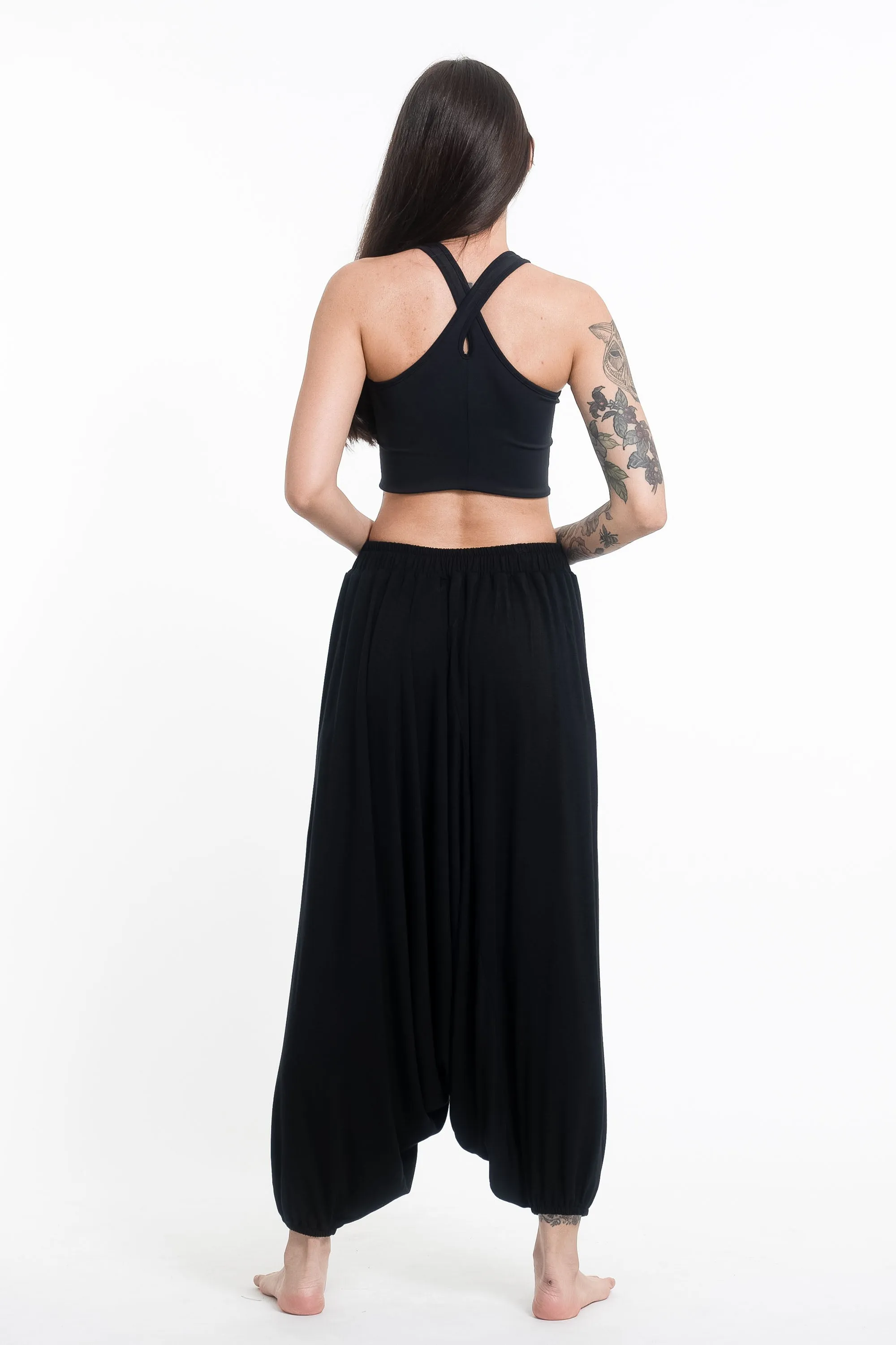 Mandala Print Drawstring Low Cut Harem Pants Cotton Spandex in Black