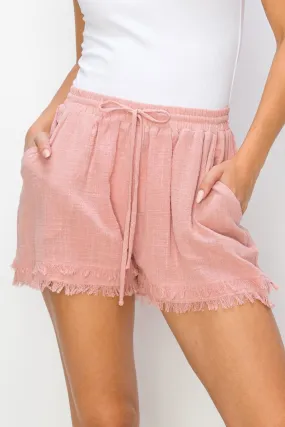 Mauve Drawstring Cotton Gauze Frayed Shorts